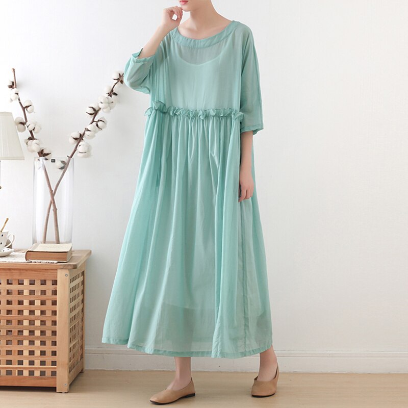 Casual Women 19 Autumn Dress Solid Half Sleeve Mid-calf O-neck Loose Ruffles Cotton Women Dress (not include sling)