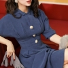 Le Palais Vintage 19 Winter Original Elegant Vintage Deep Morandi Blue Batwing Sleeve Collect Waist Dresses Long Women Dress