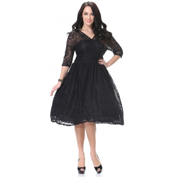 Women Spring Autumn Dress V Neck Half Sleeve Black Lace Dress Big Size 7XL Ball Gown Elegant Evening Club Party Dress 1 Half Sleeve Black Lace Dress Big Size 7XL Ball Gown