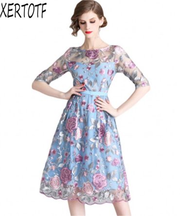 19 spring summer Women Mesh Embroidery half Sleeve Dress Designer Runway Heavy duty embroidered dresses
