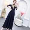 Half Sleeve Gold Line Embroidery Elegant A-line Long Slim Women Dresses Ankle-Length