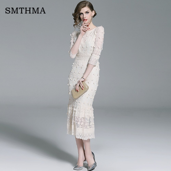 SMTHMA 19 New Embrodery Mesh Long Dress Women Spring Half Sleeve Dresses High Waist Trumpet Mermaid Dress Vestido SMTHMA 19 New Embrodery Mesh Long Dress Women Spring Half Sleeve Dresses High Waist Trumpet Mermaid Dress Vestido
