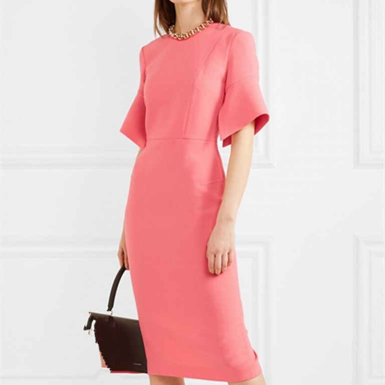 Elegant Work Women Pencil Dress Solid Pink Slim Half Sleeve Dresses Back Zipper Office Lady High Waist Long Mid Dress