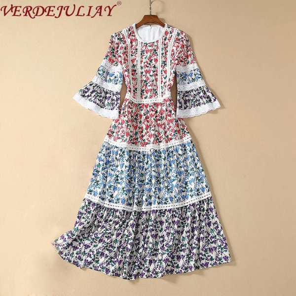 Runway Flower Printed Dress Women's Half Flare Sleeve