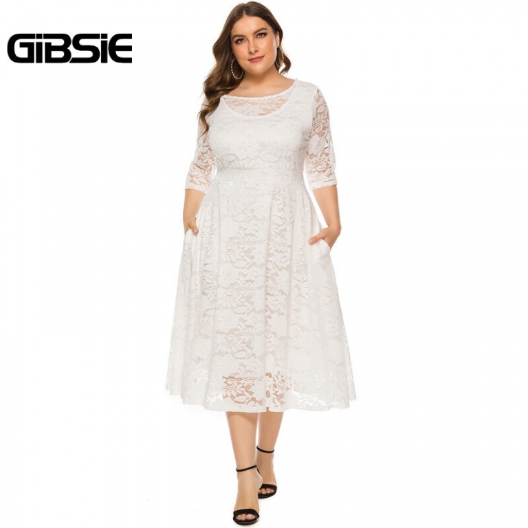 GIBSIE Plus Size Women Elegant O-Neck Half Sleeve Lace Dress Black White Evening Party Dresses Female Pocket A-line Long Dress