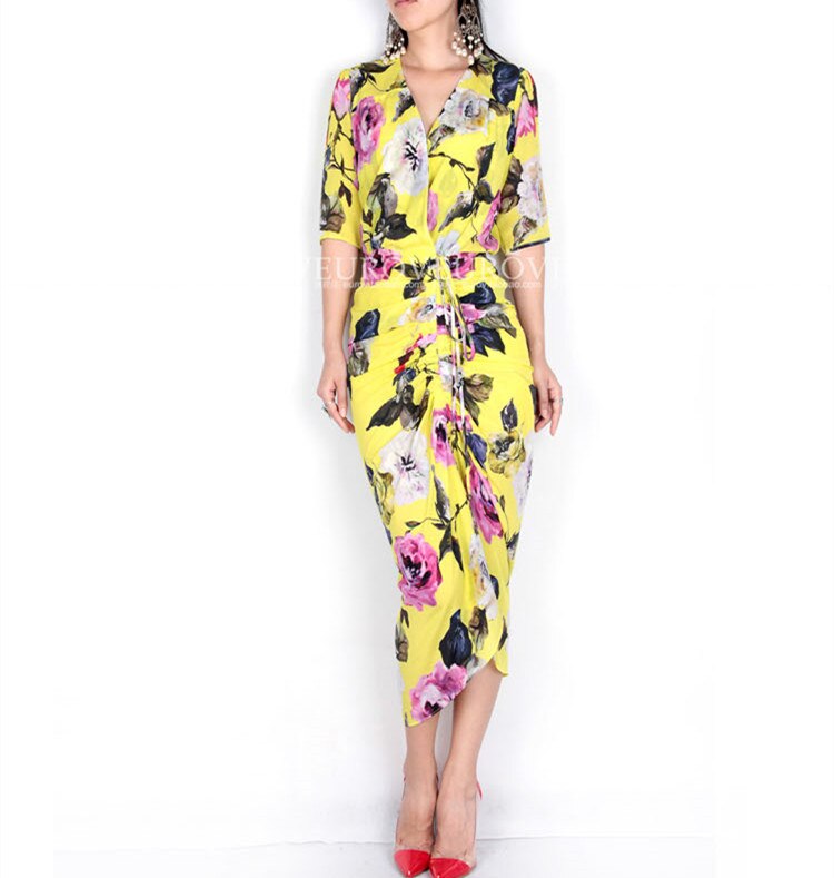 Guesod 18 Summer Women Dress Silk Rose Medium Length Silk V-Neck Folds Slim Lemon Yellow Half Sleeve Bud Silk Dress