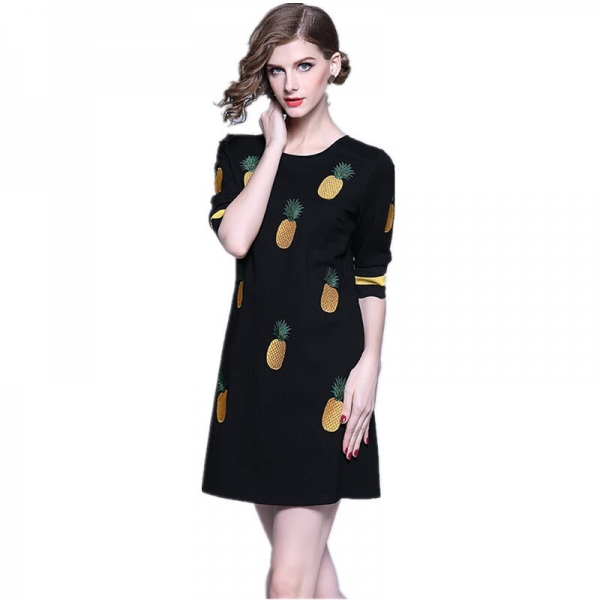 HAMALIEL Spring Women Embroidery Pineapple A Line Dress 19 Runway Black Half Sleeve Slim Dress Casual O Neck Dress Vestidos