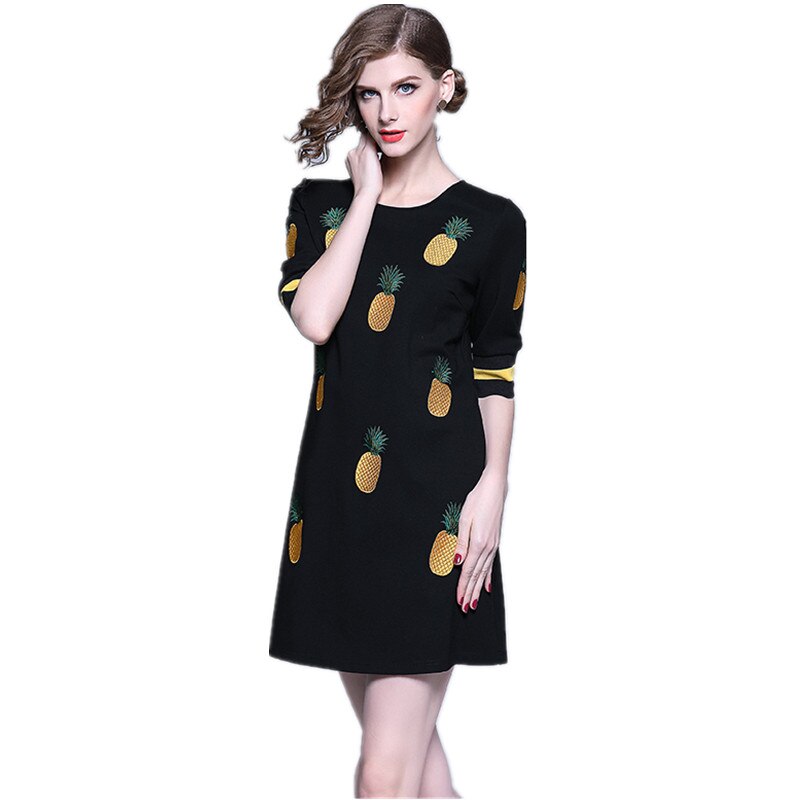 HAMALIEL Spring Women Embroidery Pineapple A Line Dress 19 Runway Black Half Sleeve Slim Dress Casual O Neck Dress Vestidos