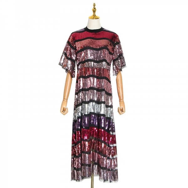 Patchwork Sequin Hit Color Dress For Female Stand Collar Flare Half Sleeve Midi Dresses Women Clothing Fashion 1 Stand Collar Flare Half Sleeve Midi Dress Patchwork Sequin