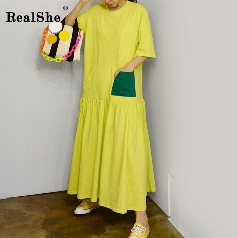RealShe Women Maxi Dress O-Neck Short Sleeve Loose Long Dress Elegant Spring Casual Women Dress  Summer Dresses Casual