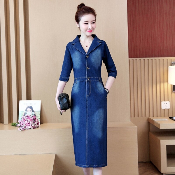 #2732 Spring Summer Half Sleeve Denim Dress Women Lapel Collar Slim High Waist Pencil Jeans Dresses Ladies Elegant Plus Size 5XL 1 Sleeve Denim Dress Women Lapel Collar Slim High Waist Pencil Jeans
