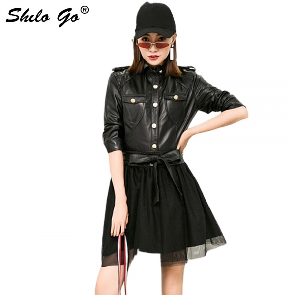 Bow Belt Leather Dress Women Summer Single Breasted Meah Spliced Sheepskin Genuine Leather Dress Half Sleeve Female Mini Dress Bow Belt Leather Dress Women Summer Single Breasted Meah Spliced Sheepskin Genuine Leather Dress Half Sleeve Female Mini Dress