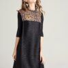 Miyake Fashion fold half sleeve patchwork Leopard stand neck dress