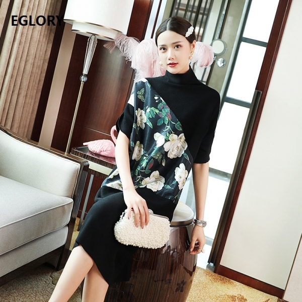 Turtleneck Sweater Dress 19 Autumn Style Women Vintage Flower Print Patchwork Half Sleeve Mid-Calf Length Knitted Dress Female