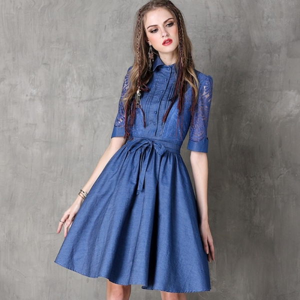 Vintage Hollow Out Embroidery Women Fashion High Street Half Sleeve Dress Jean Denim Female Lapel Single Breasted Slim Vestidos 2 Vintage Hollow Out Embroidery Dress: Elevate Your Fashion Game