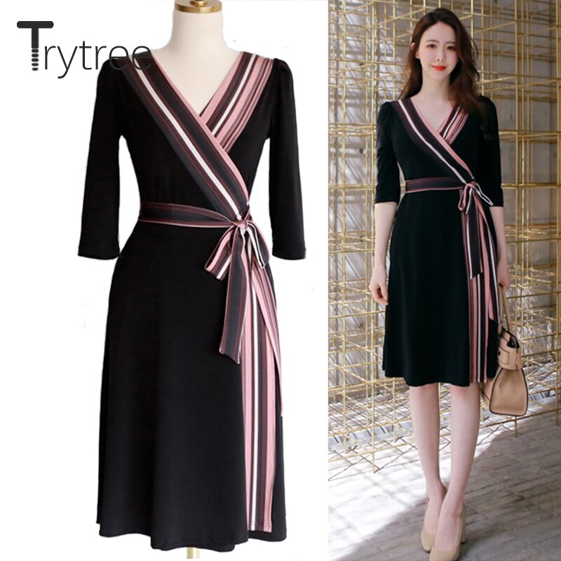 Trytree Summer Autumn Dress Women Casual 18 shirt Polyester Black A-Line Half Sleeve Dresses Black Chiffon dress kyliejenner