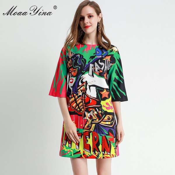 MoaaYina Fashion Designer dress Spring Summer Women's Dress Half sleeve Beading Angel letter Print Dresses