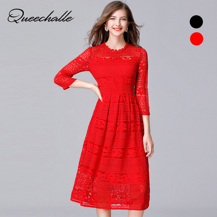 Queechalle Black Red Slim Lace Dresses for Women 19 Spring Hollow Out Half Sleeve Female Dress 3XL 4XL 5XL Plus Size Vestidos