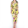 Silk V-Neck Folds Slim Lemon Yellow Half Sleeve Bud Silk Dress