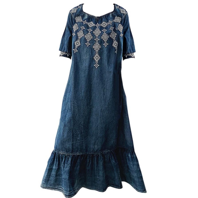 Women's Denim Dress 19 Vintage Big Loose Dress Female Ruffles Hem Woman Dresses O-Neck Half Sleeve A-line Embroidery dress