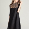 FREE SHIPPING Miyake Fashion fold half sleeve patchwork Leopard stand neck dress IN STOCK