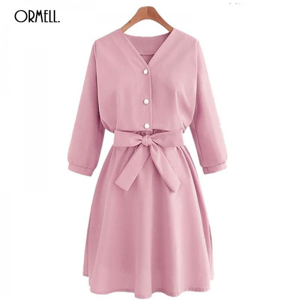 ORMELL Women Fashion Half Sleeves Casual Dresses 18 Spring Summer Elegant Female Solid Color Sweet V-Neck Sexy Dress Hot Sale 1 Elegant Female Solid Color Sweet V-Neck Sexy Dress