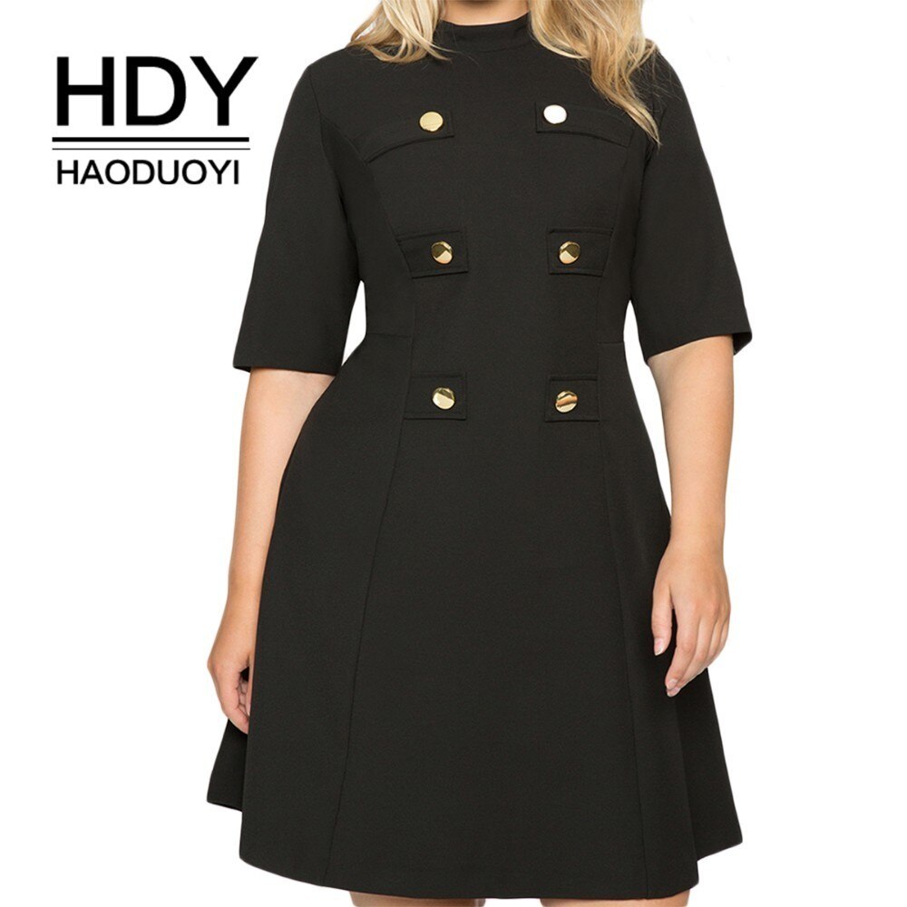 HDY Haoduoyi Large Size Metal Double-Breasted Decorative Half-High Collar Five-Point Sleeves Waist A-Line Dress