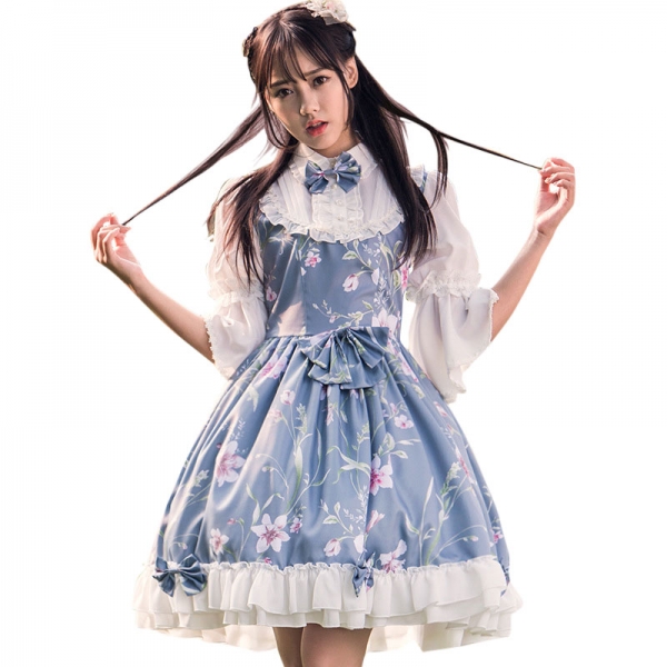 Fairy Princess Lolita Dress Vintage Chinese Style Floral Printed Half Sleeve Lolita OP Dress Fairy Princess Lolita Dress Vintage Chinese Style Floral Printed Half Sleeve Lolita OP Dress