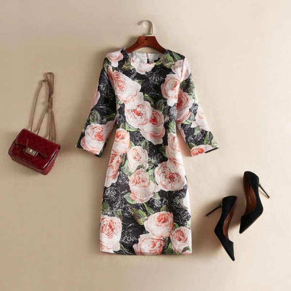 Flower Jacquard Dress Fashion O-Neck Half Sleeve Casual Dress