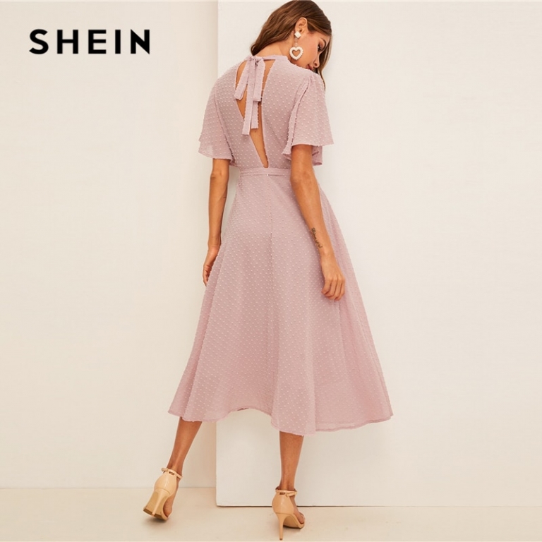 SHEIN Flutter Sleeve Swiss Dot Belted Dress Elegant Pink Pastel Solid Women Dresses Stand Collar A Line Half Sleeve Dresses