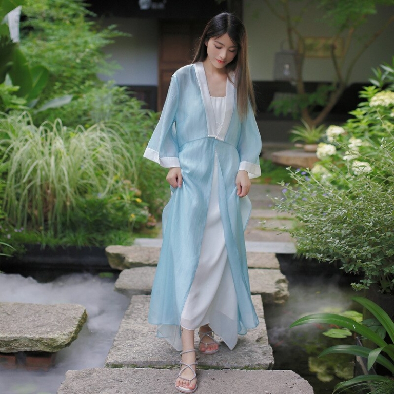 19 Autumn Chinese Retro Style Big V Collar Women White Blue Straight Dress Tea Suit Half Flare Sleeve Loose Dress Hanfu