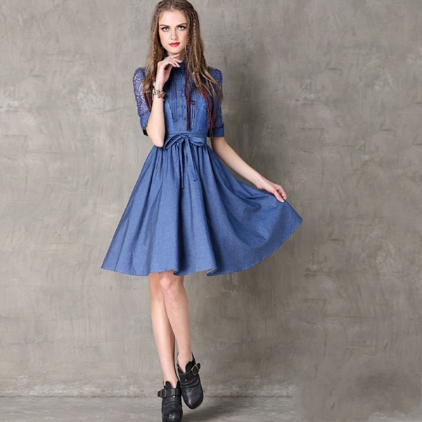 Vintage Hollow Out Embroidery Women Fashion High Street Half Sleeve Dress Jean Denim Female Lapel Single Breasted Slim Vestidos 3 Vintage Hollow Out Embroidery Dress: Elevate Your Fashion Game