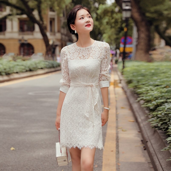 19 New Women Lace Hollow Out Mini Dress Half Sleeve O Neck Sweet Apricot Sweet Dress