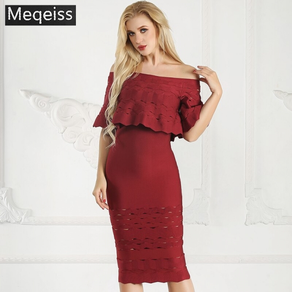 19 New Summer Half Sleeve Midi Bandage Dress Fashion Off Shoulder Long Dress Red Party Ruffle Hollow Out Bodycon Dresses Women 19 New Summer Half Sleeve Midi Bandage Dress Fashion Off Shoulder Long Dress Red Party Ruffle Hollow Out Bodycon Dresses Women