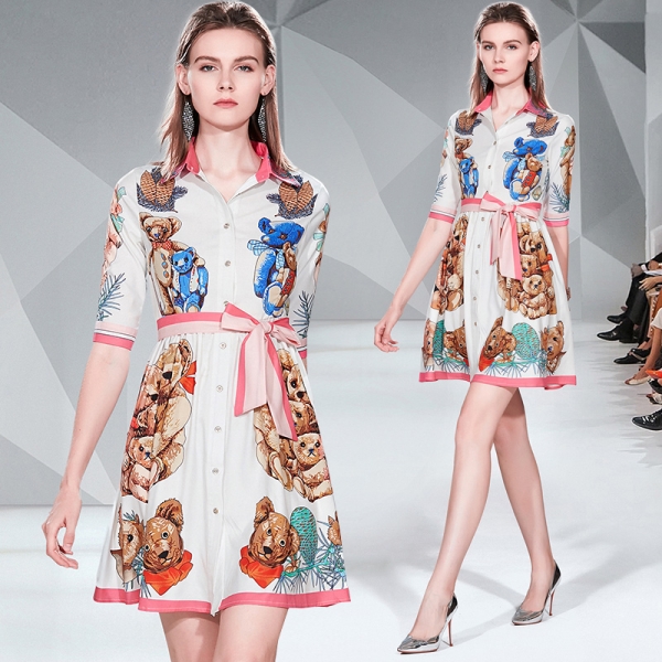 19 Summer New Women Sweet Bear Cartoon Print Dress A-Line Mini Shirt Dress Turn Down Collar Half Sleeve Casual Elegant Dresses 1 Sweet Bear Cartoon Print Dress: Casual A-Line Mini Shirt Dress with Turn-Down Collar for Summer