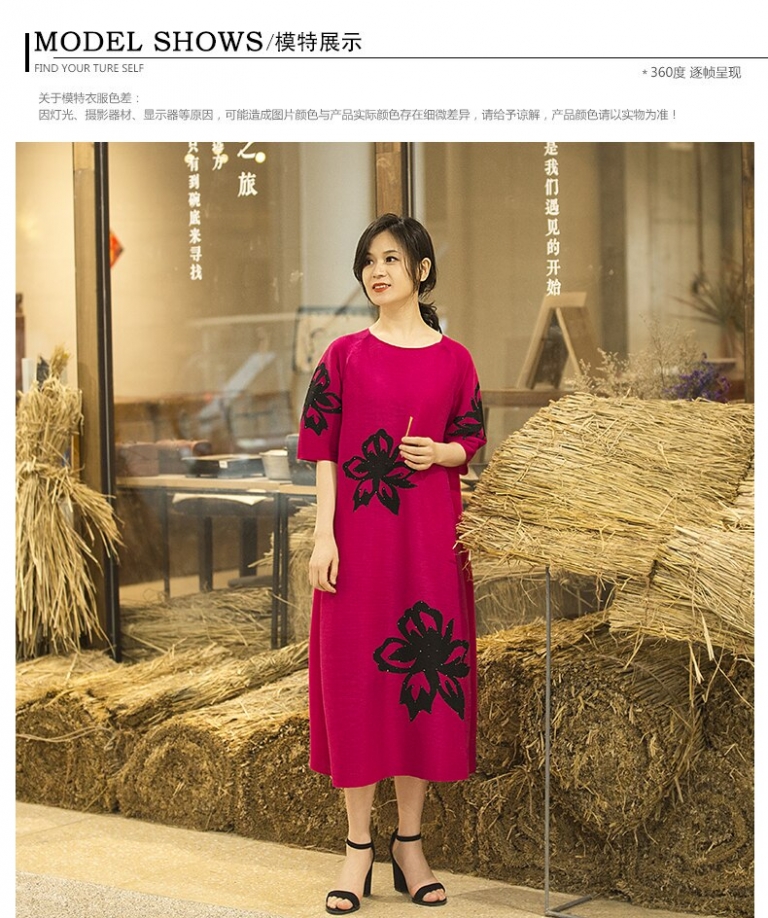 HOT SELLING Miyake fasion fold print half sleeve fashion o-neck straight dress IN STOCK