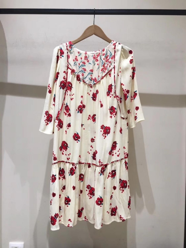 Mini Dress Red Flower Print V Neck High Waist Summer Dress