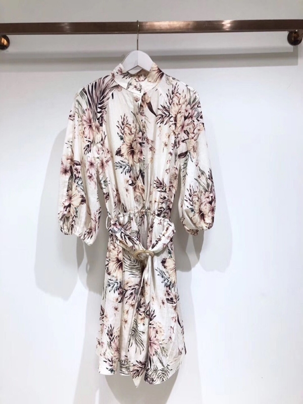Linen Elegant Print Bandage Waist Half Sleeve Dress ??