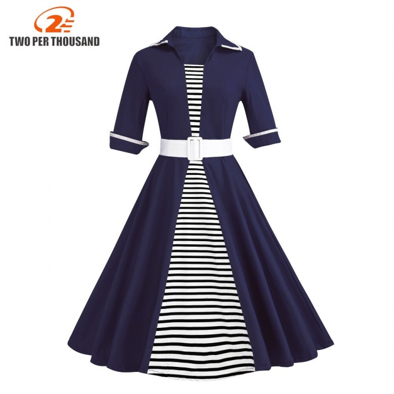 Autumn 4XL Plus Size 3XL Stripe Print Half Sleeves Lapel Vintage Dress 50's Audrey Retro Dresses Pattern Work Party Vestidos