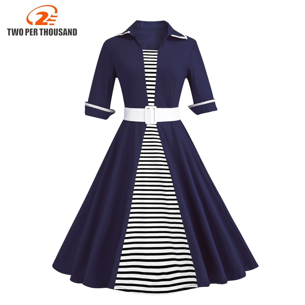 Autumn 4XL Plus Size 3XL Stripe Print Half Sleeves Lapel Vintage Dress 50’s Audrey Retro Dresses Pattern Work Party Vestidos