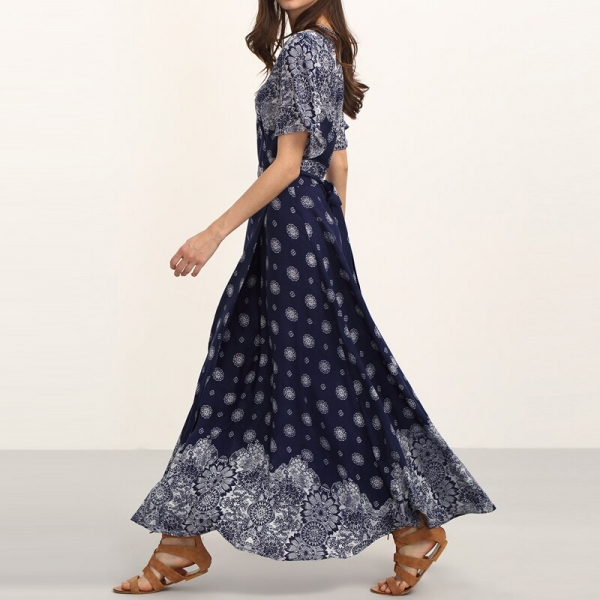 HEE GRAND Ladies Summer Long Dresses with Sashes Womens Vintage Multicolor Print V Neck Half Sleeve Split Maxi Dress WQL5625 1 Long Dresses with Sashes Womens Vintage Multicolor Print V Neck