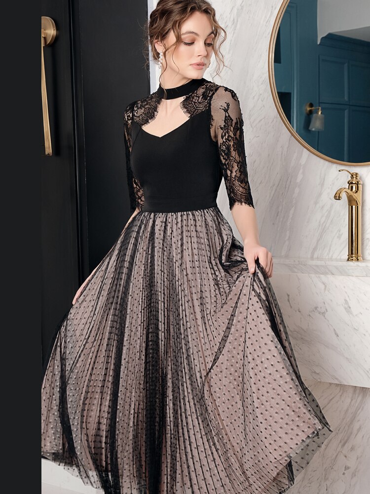19 Spring Summer Original Design of Intellect and Elegant Dot Patchwork Lace Hollow Mesh Heavy Half Sleeve Woman Maxi Dress