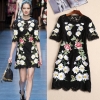 Women 19 Runway Floral Embroidered A-Line Lace Half Sleeve Dress Hot Dresses Slim Fit Girsl Black A798