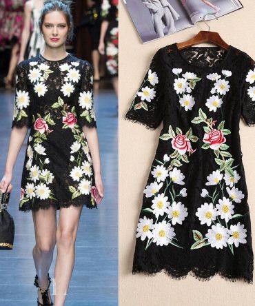 Women 19 Runway Floral Embroidered A-Line Lace Half Sleeve Dress Hot Dresses Slim Fit Girsl Black A798