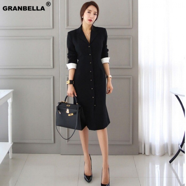 Autumn New Arrival Women OL style A-line knee-length Casual half sleeve slim vestidos office lady black professional dress