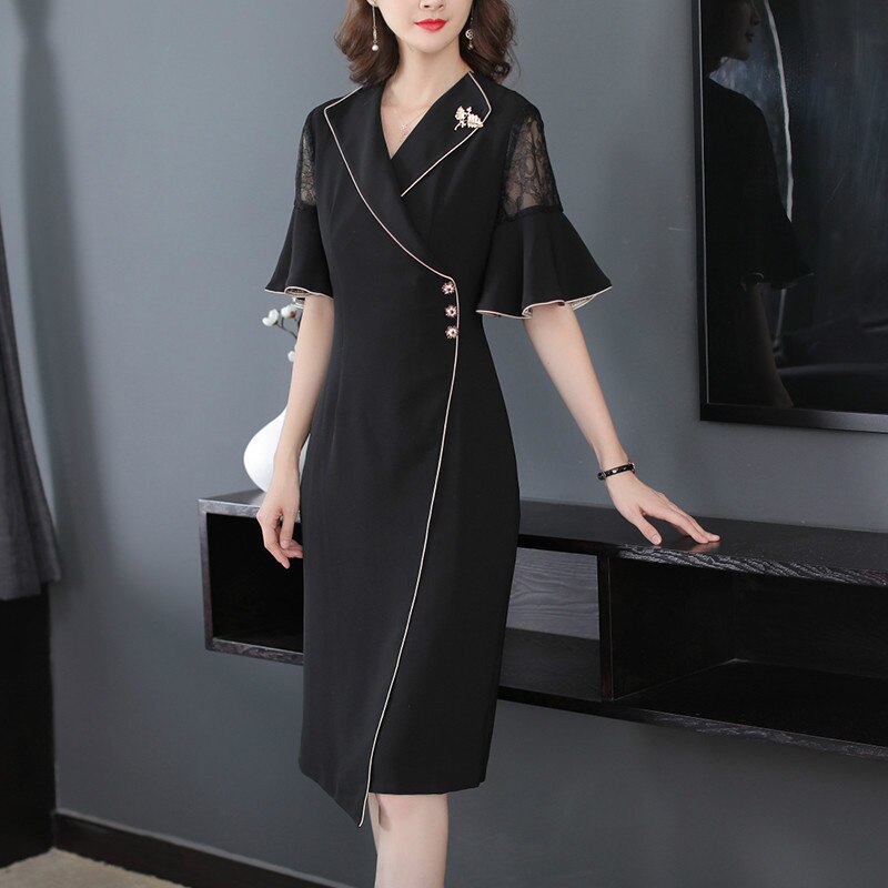 Ruffle Half Sleeve Lace Patchwork Black Dress