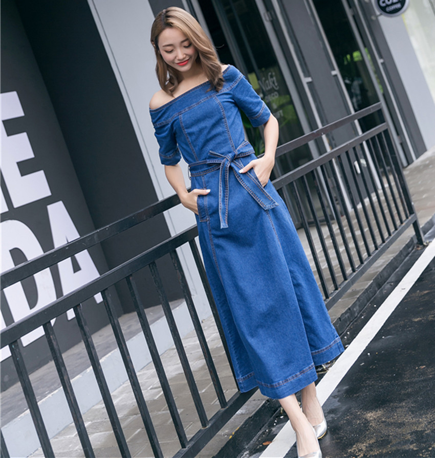 Big Swing Cowboy Dress Summer Off Shoulder Denim Half Sleeve Long