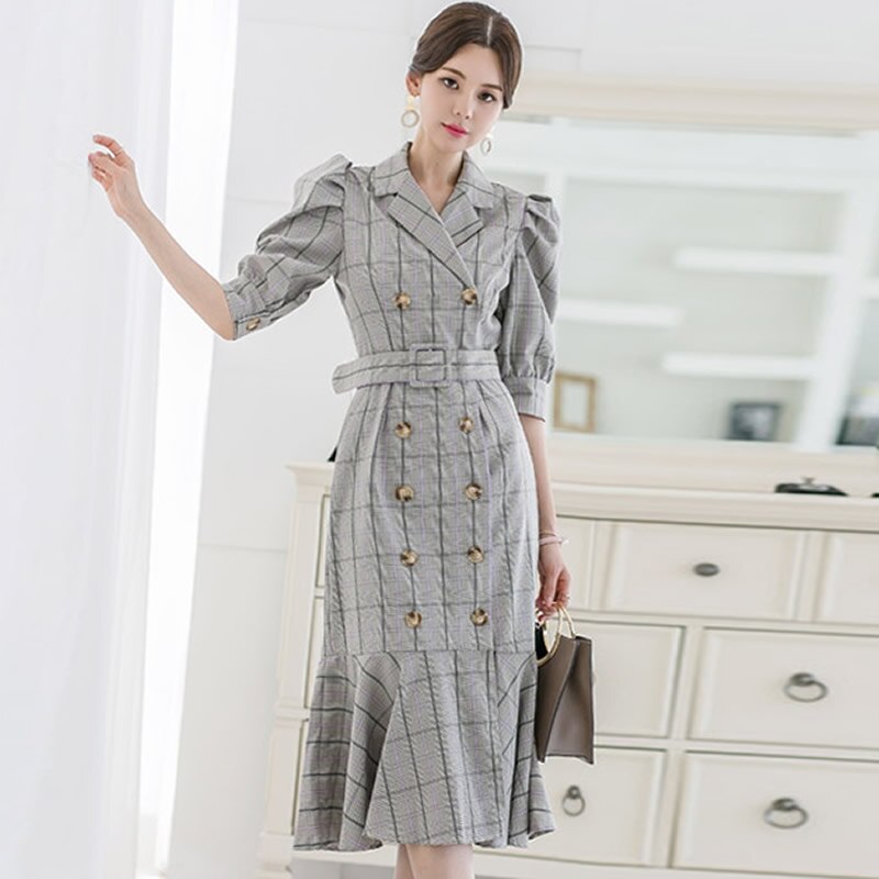 Summer Half Sleeve Vintage Knee-Length Cloth Double Breasted Sashes Notched Bodycon Plaid Fishtail Work Dress
