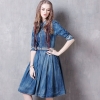 Vintage Women Designer Embroidery Sash Pleated Half Sleeve Denim Dress