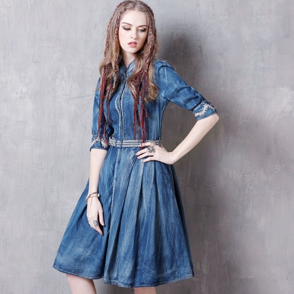 Vintage Women Designer Embroidery Sash Pleated Half Sleeve Denim Dress